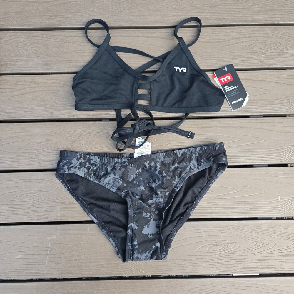 TYR Womens Durafast Solid Black Tieback Top W/Blackout Camo Bikini Sz S NEW